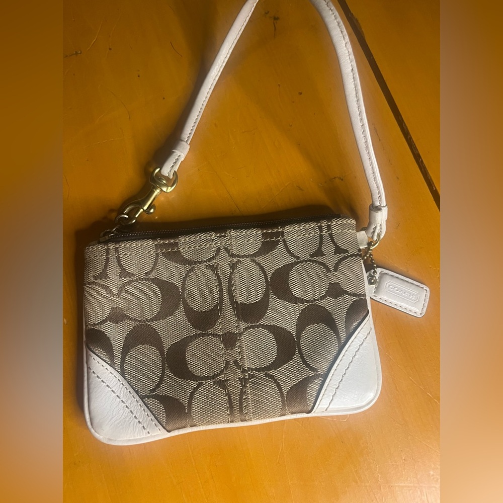 Coach Brown and White Signature Wristlet - Picture 2 of 13